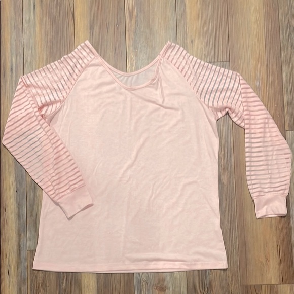 Pale Pink Off the Shoulder Sheer Stripe Sleeve Super Soft Long Sleeve Shirt - Picture 1 of 4